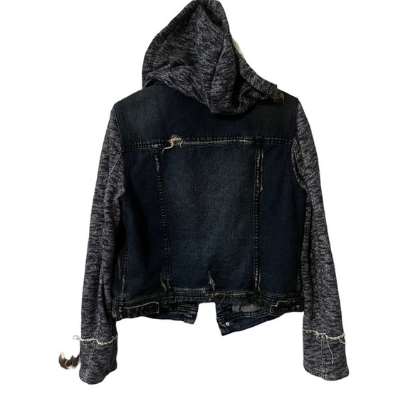 Free People Denim and Knit Distressed Hoodie Trucker Jacket M - Picture 10 of 10